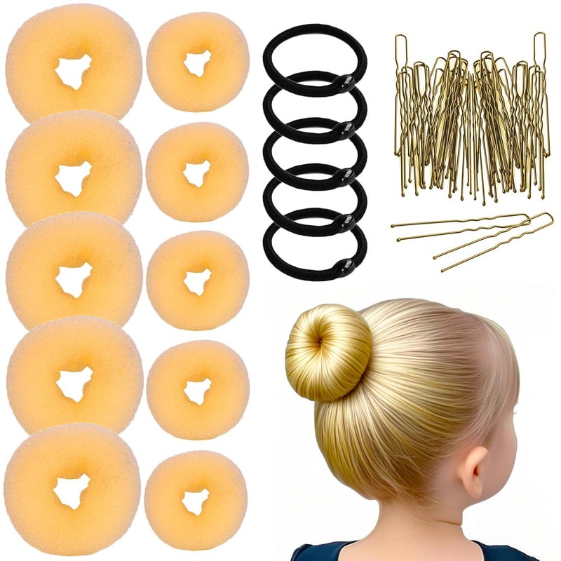 FORESRUM 10 Pcs Hair Bun Maker - Donut Bun Maker for Hair(5 medium and 5 small),Ballet Bun for Women and Kids with Elastic Hair Ties, Hair Pins(Golden) - Image 1